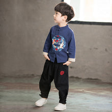 將圖片載入圖庫檢視器 包邮男童汉服中童装男小男孩民族风棉麻国风春款宝宝长袖套装
